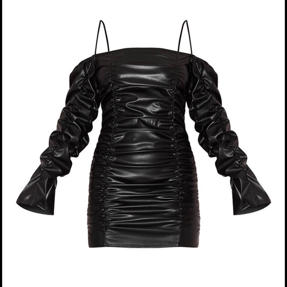 P.L.T Black leather extreme ruched mini dress